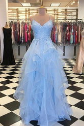 Blue Layered Tulle Long Prom Dress for 8th Grade Graduation